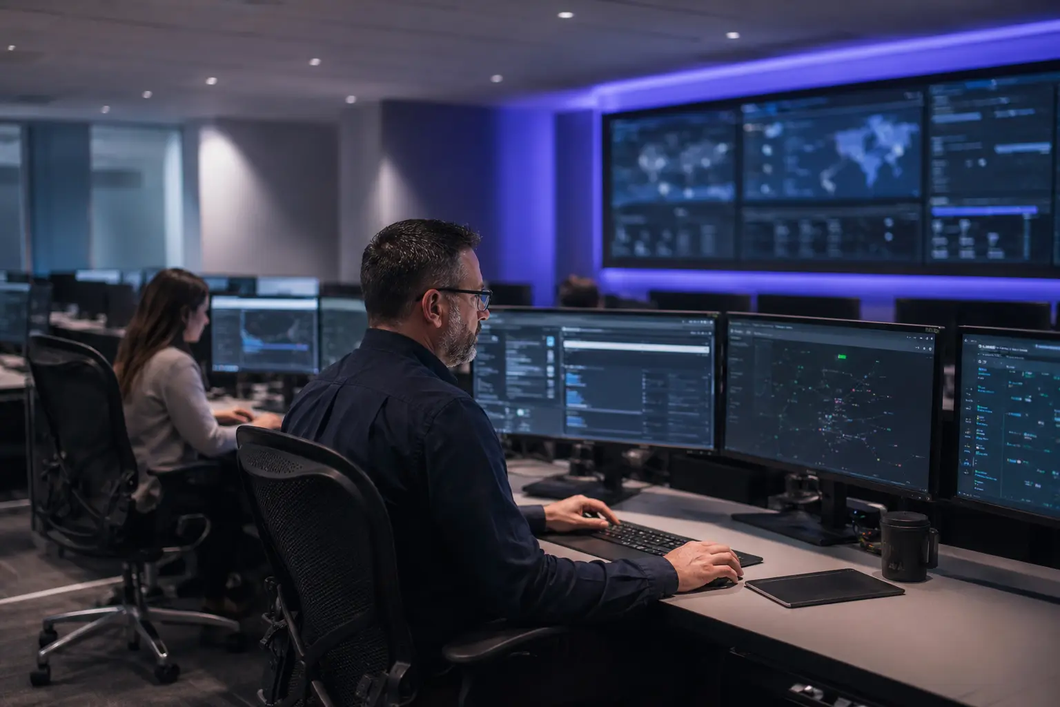 Cybersecurity analysts in a modern security operations center