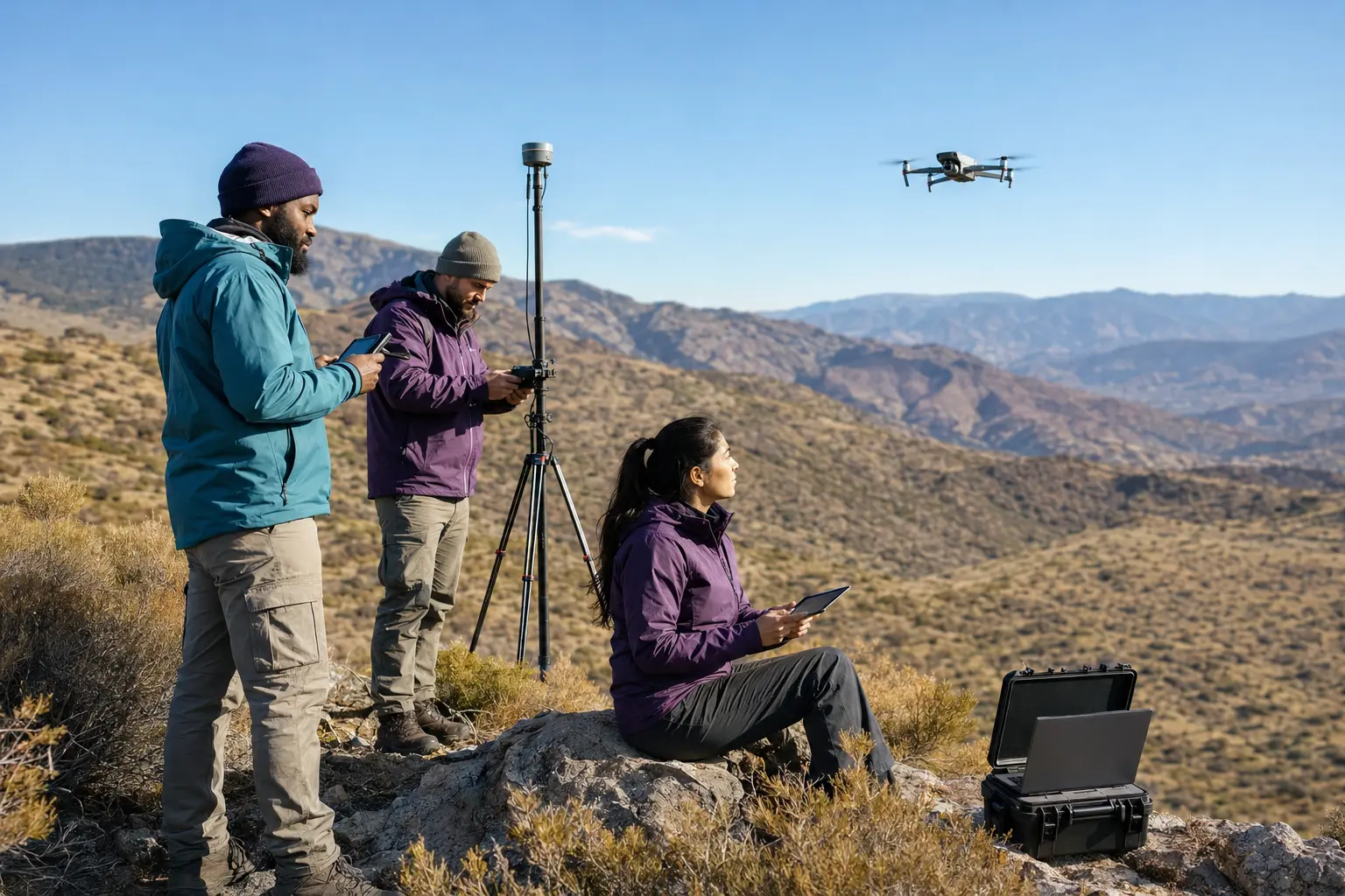 Telecommunications field team conducting a remote coverage survey